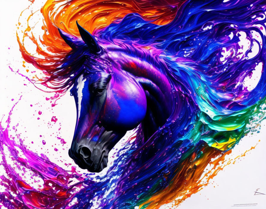 Colorful Horse Artwork with Flowing Mane in Blue, Purple, Orange, and Green