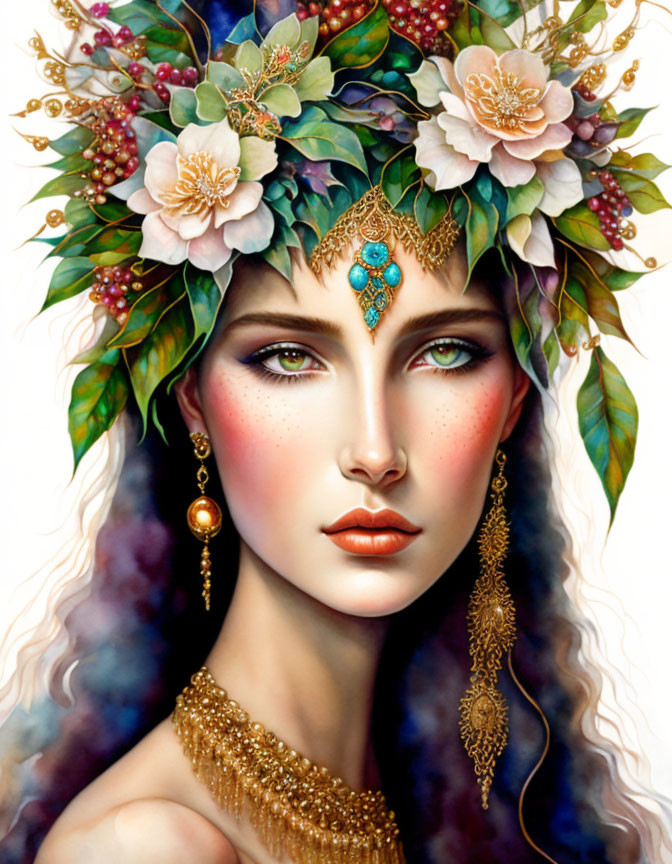 Colorful portrait of a woman with floral headdress and jewelry