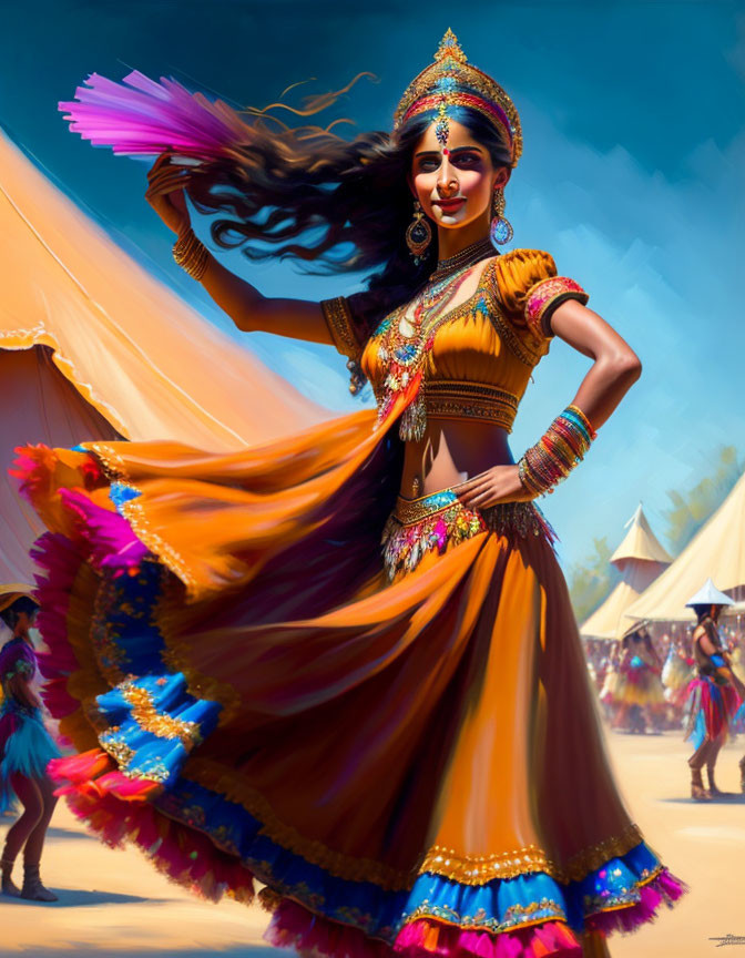 Colorful Indian dancer twirling at festival with blue sky