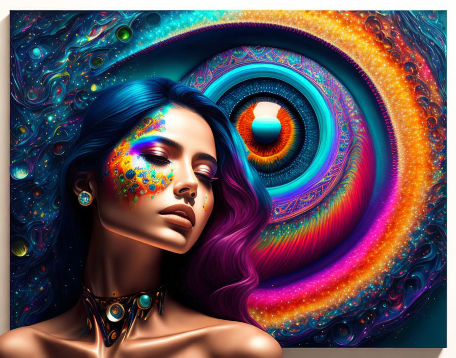 Colorful surreal portrait of woman with blue hair and cosmic eye motif.