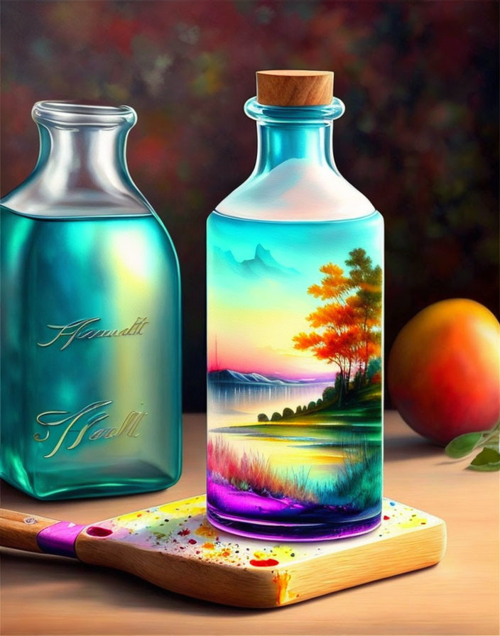 Artfully decorated bottles with landscape scene and mango on wooden board