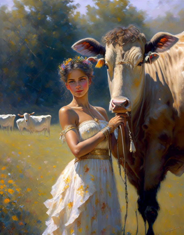 Woman with cow in flower-adorned pastoral scene.