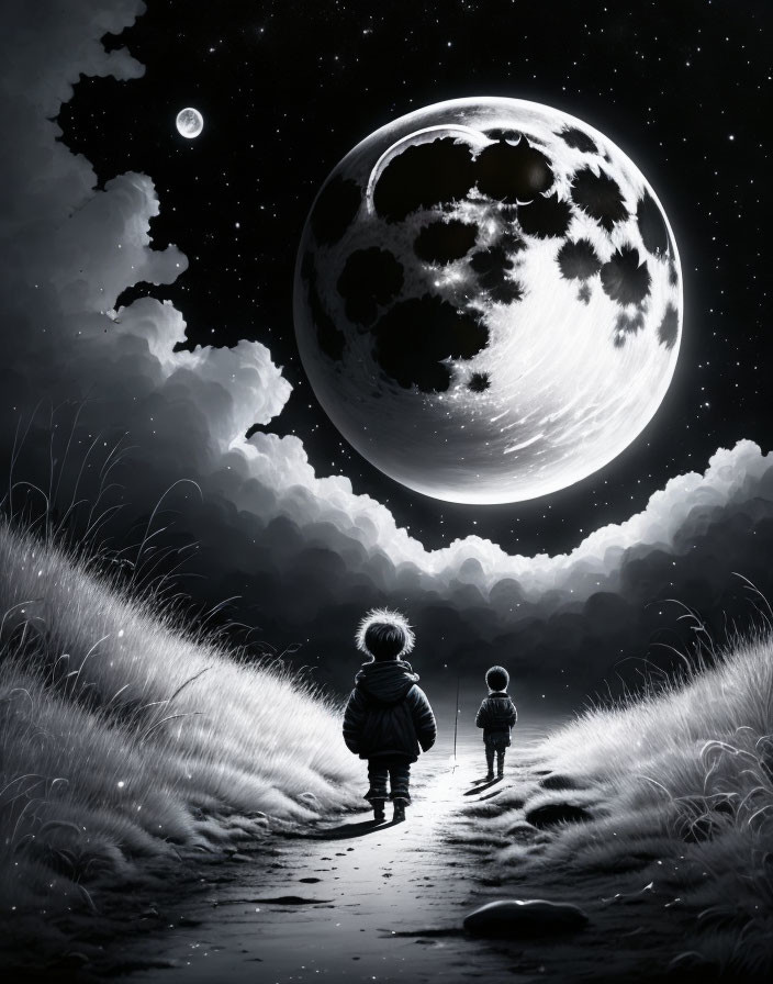 Children walking under starry sky with moon, tall grass, and clouds