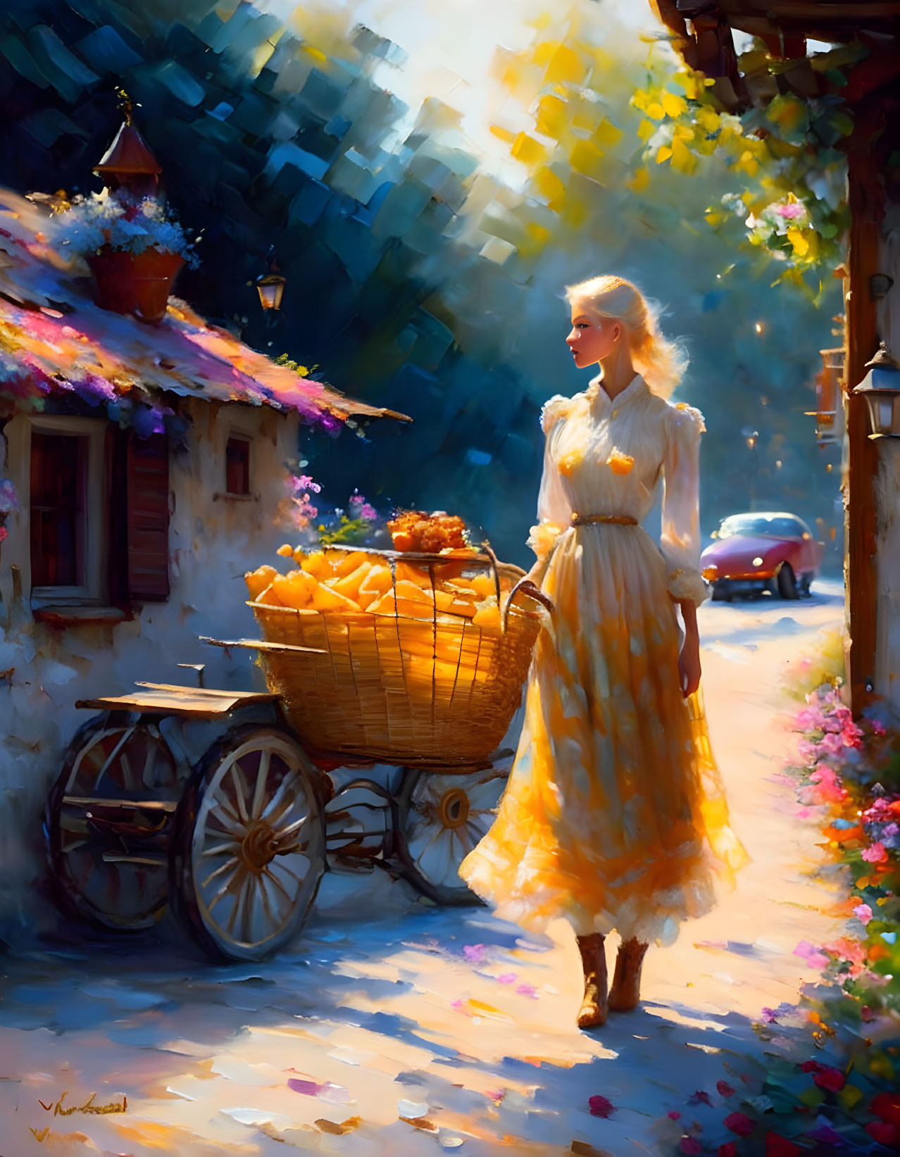 Woman in flowing dress with cart of oranges on sunny street