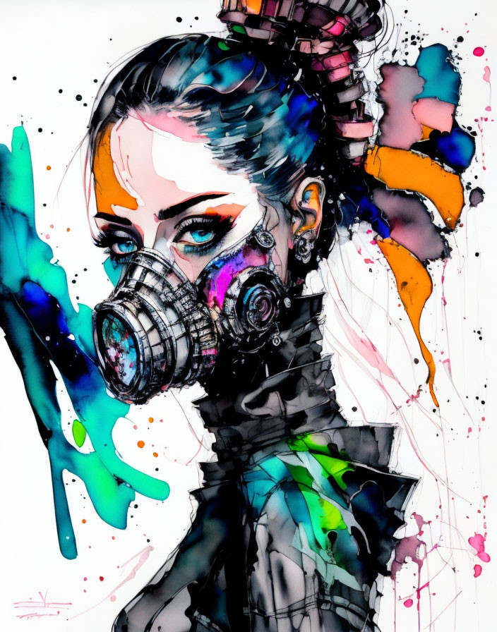 Colorful stylized painting of person in gas mask with vibrant watercolor splashes