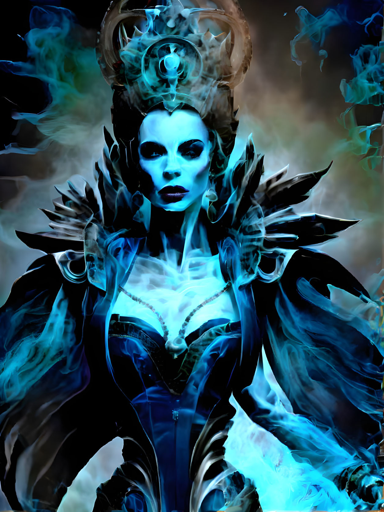 Elaborate Dark Attire Figure with Mystical Headdress and Blue Smoke