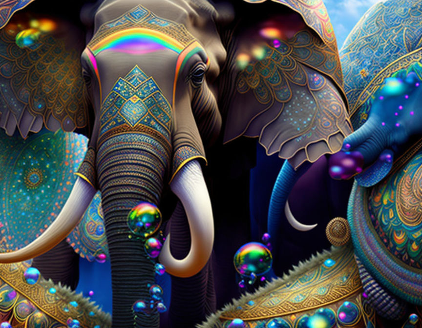 Vibrant digital art: Two patterned elephants on dark backdrop with iridescent bubbles