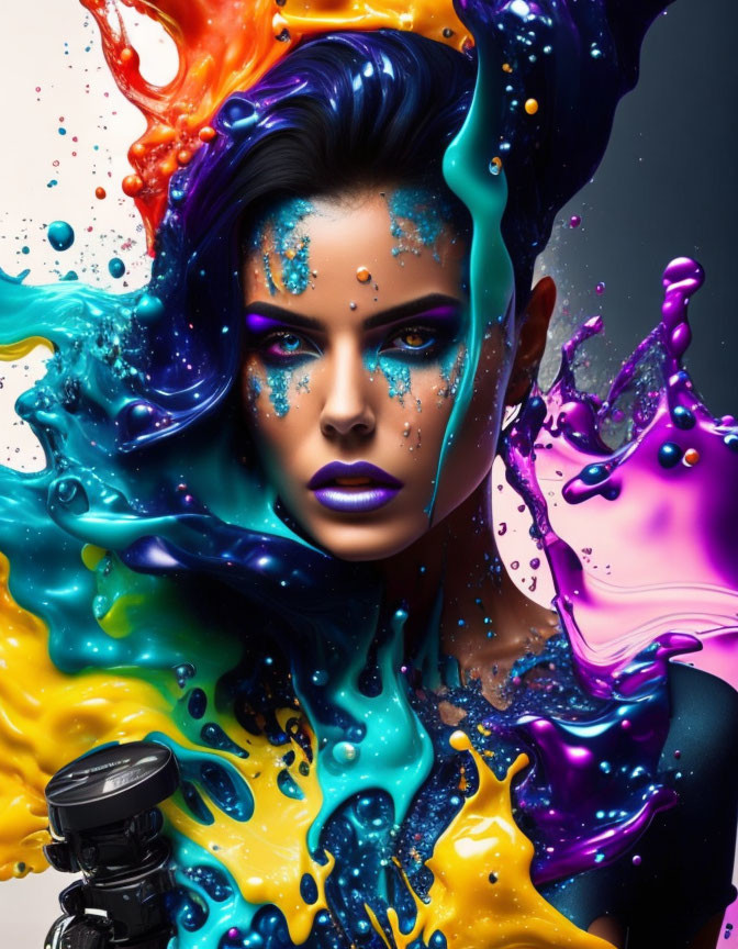 Dark-haired woman in vibrant makeup amid colorful liquid splash