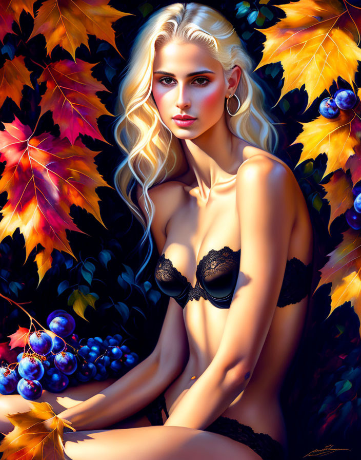 Portrait of woman with platinum blonde hair in black lace bra among autumn leaves and blueberries