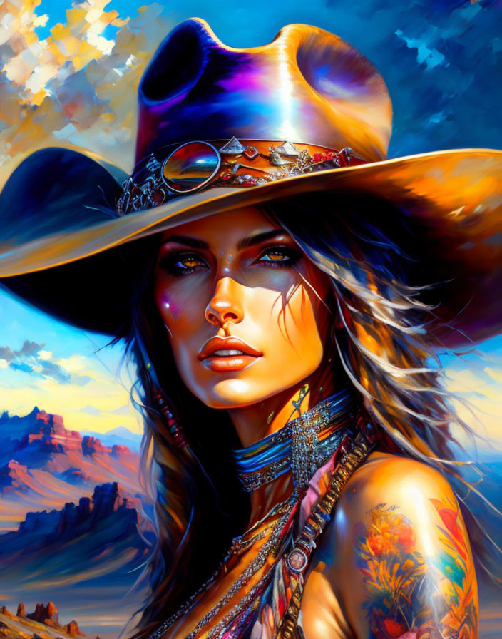 Colorful portrait of woman in cowboy hat with tribal necklaces and tattoos in desert sunset.