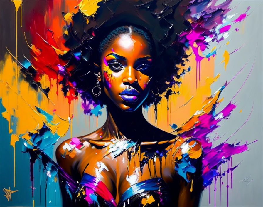 Colorful portrait of woman with striking makeup and paint splashes