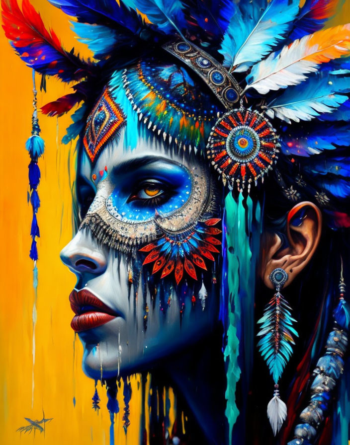 Colorful portrait of woman with feather headdress and face paint on vibrant backdrop