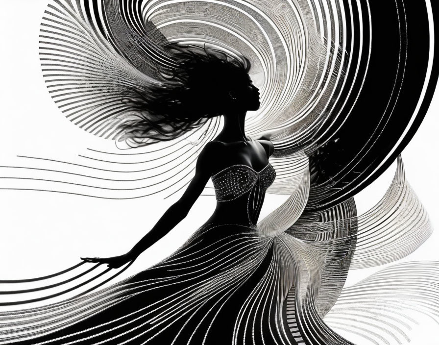 Monochromatic Woman Silhouette with Flowing Hair and Dress