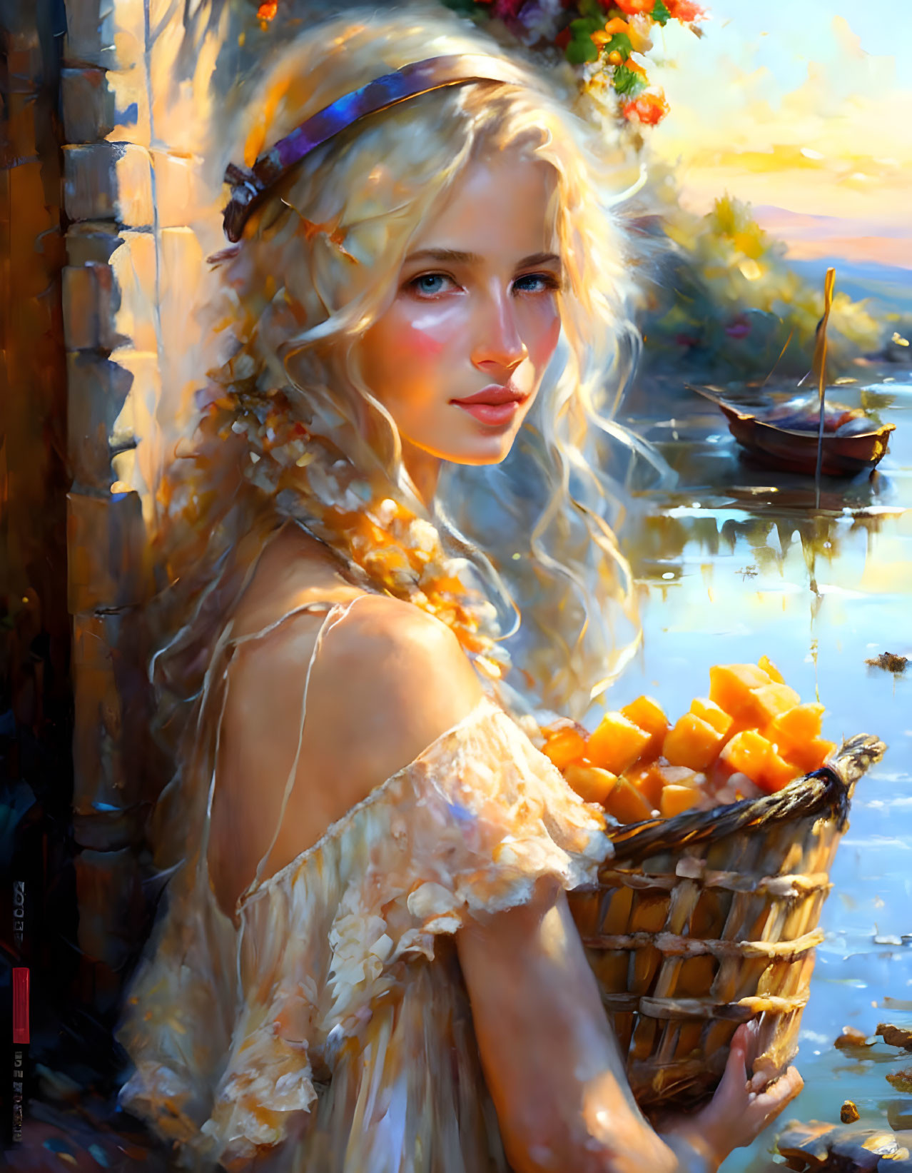 Blonde woman with fruit basket by waterside in warm sunlight