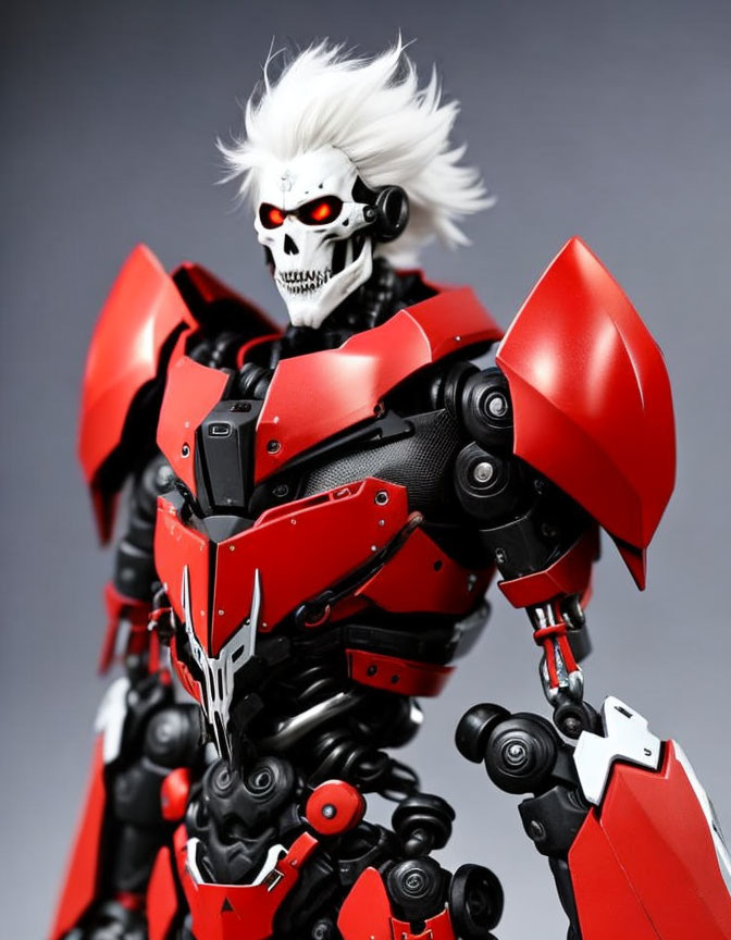 Detailed Red and Black Armored Robotic Character with White Hair