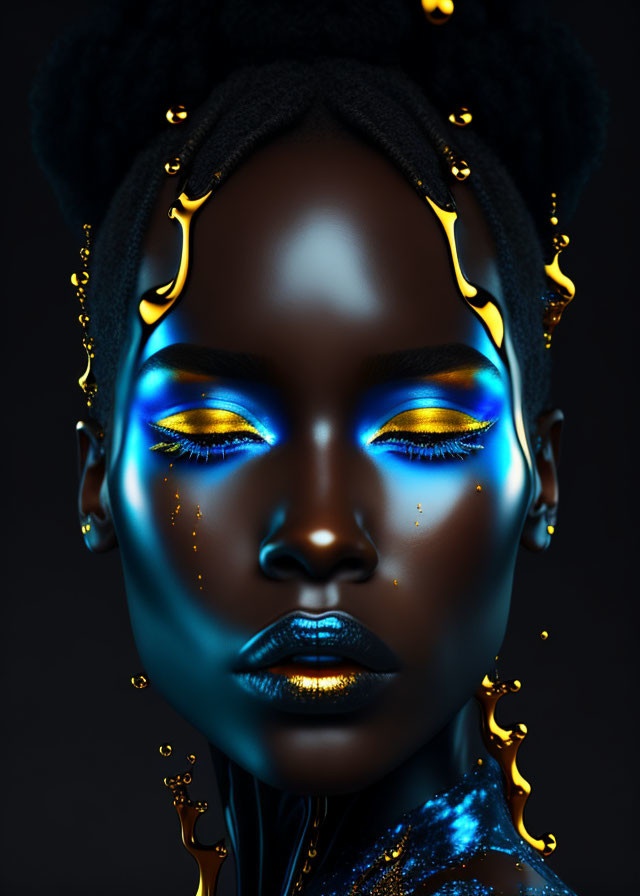 Vibrant surreal portrait of woman with glossy blue skin and gold makeup