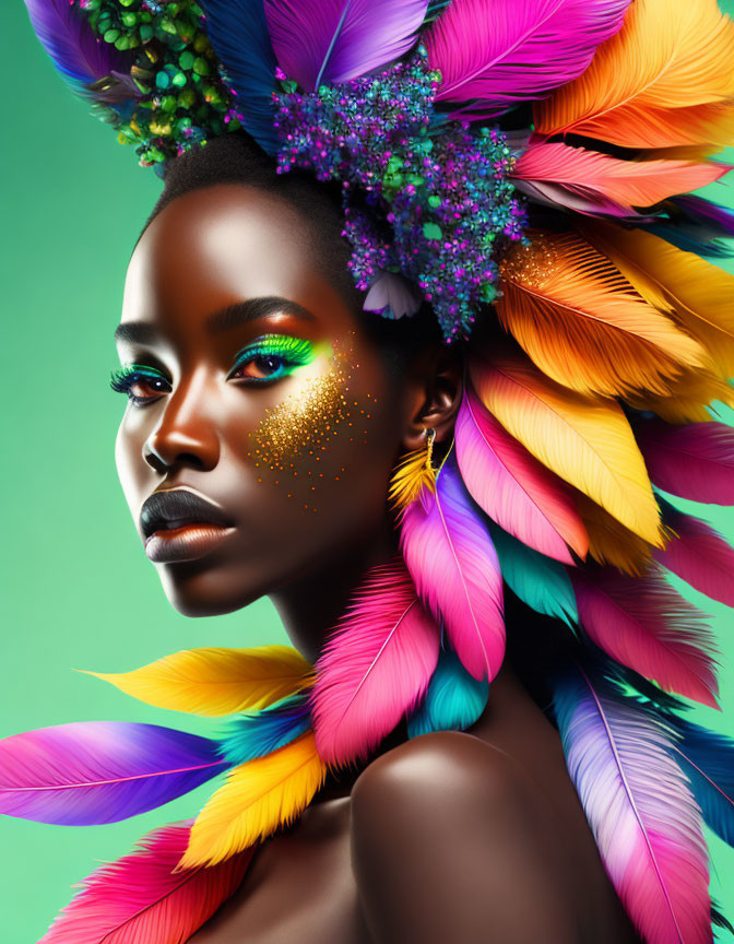 Colorful Woman with Striking Makeup and Feather Headdress on Green Background