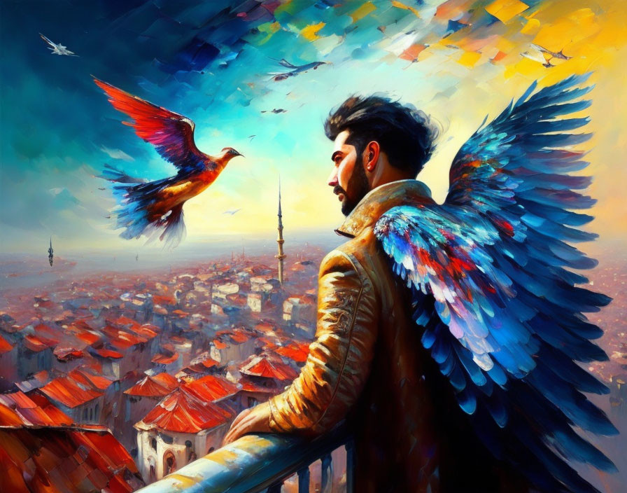 Colorful Winged Man Overlooking Vibrant Cityscape with Birds in Impressionistic Sky