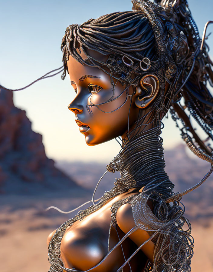 Female Android with Metallic Braids in Desert Setting