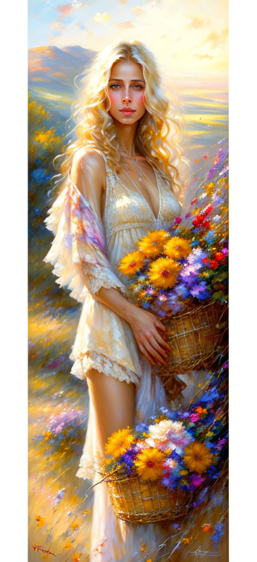 Blonde woman in white dress with flowers in sunlit field