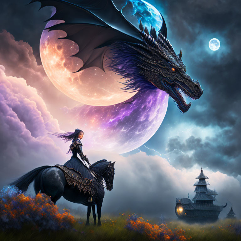 Fantasy art: Warrior woman on black horse confronts dragon under full moon.