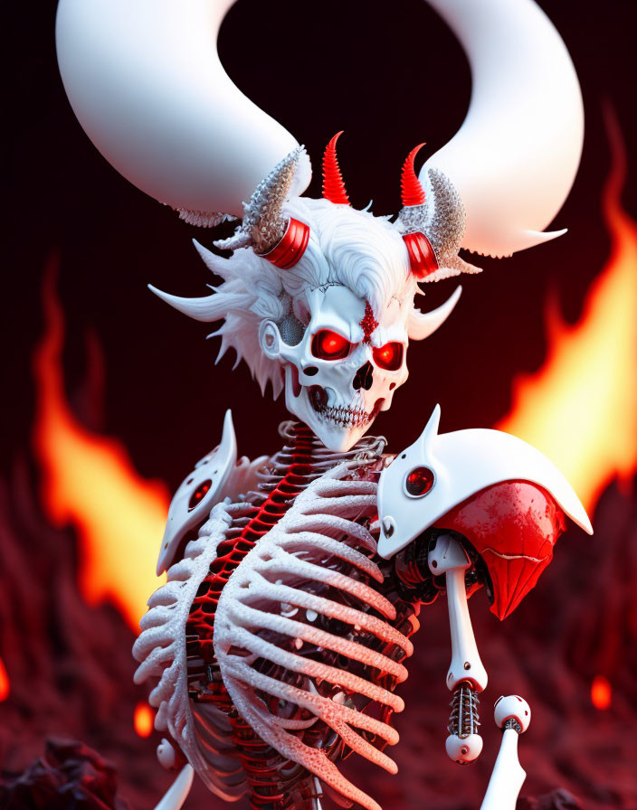 Skeleton with Horned Skull and Skeletal Bird in Fiery Background