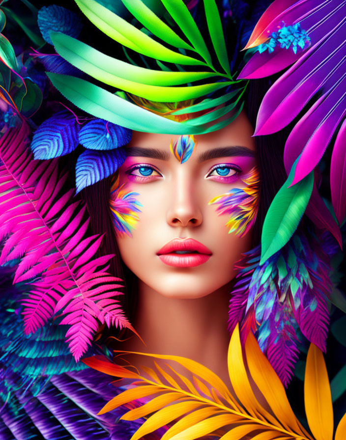 Vibrant tropical feathers and leaves frame woman's intense gaze