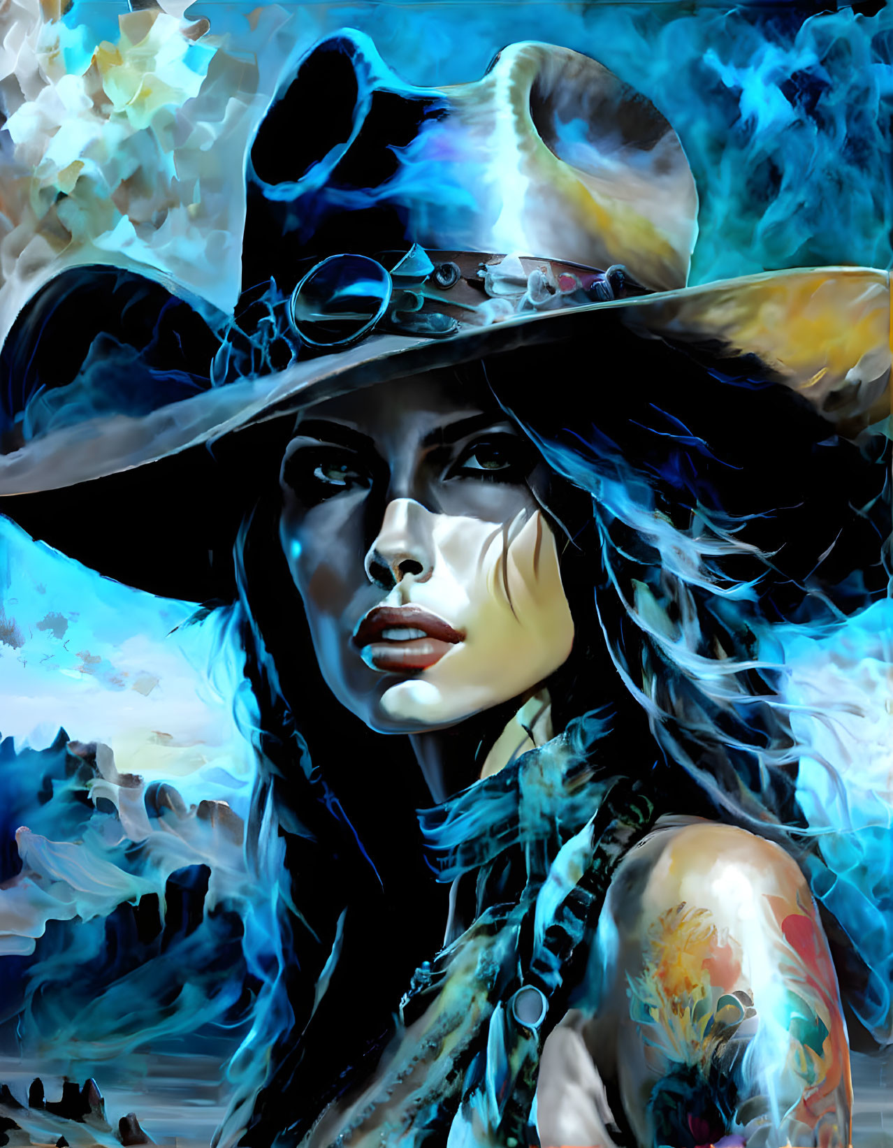 Vibrant blue tones in stylized painting of woman with wide-brimmed hat