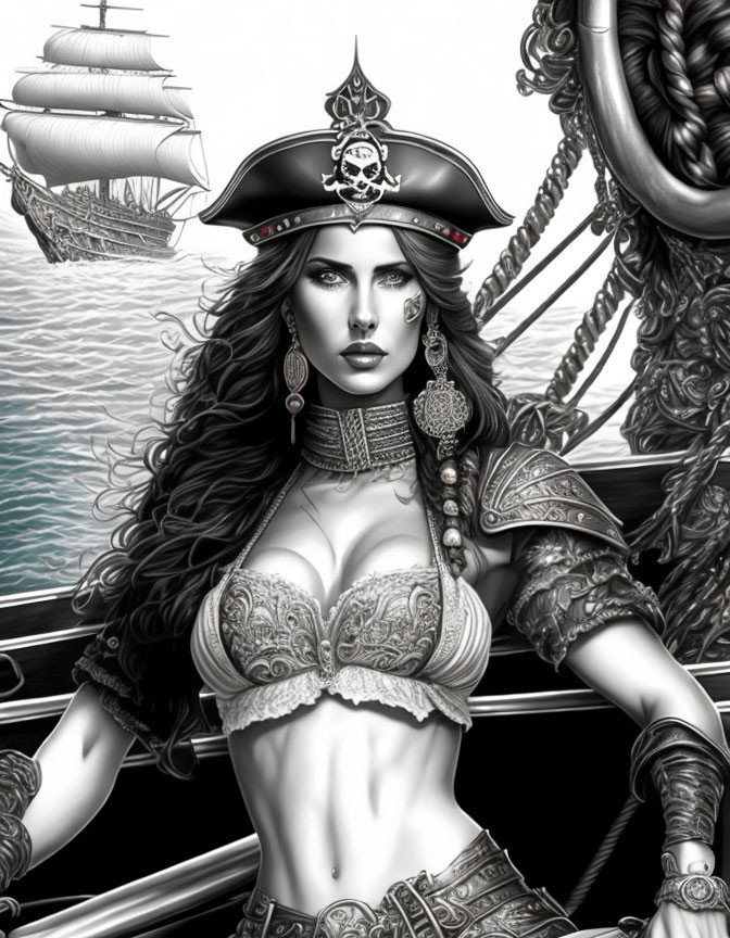 Detailed Pirate Woman Illustration with Ship and Ocean Setting