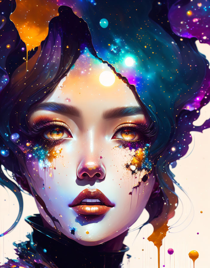 Cosmic-themed surreal portrait of a woman with vibrant colors