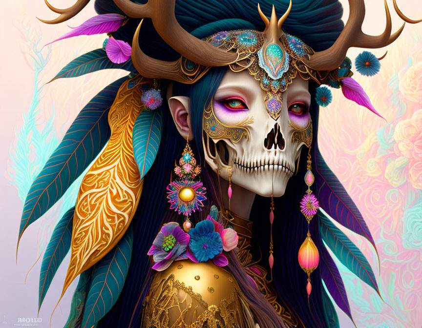 Skull-faced entity with ornate gold and turquoise headwear adorned with feathers, jewels, and vibrant