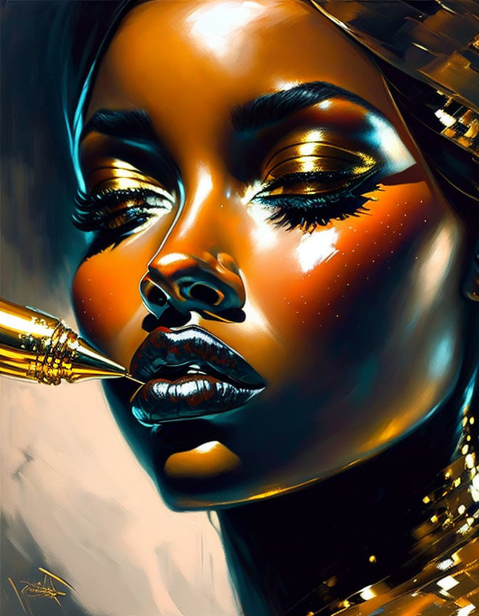 Stylized portrait of woman with glistening lips and pen, golden highlights, dark backdrop