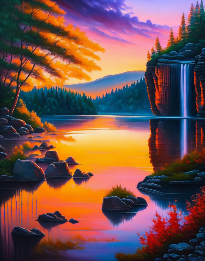 Vibrant sunset landscape painting with pink and orange hues reflecting on a tranquil lake, cliffs, water