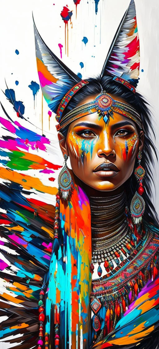 Colorful Native American-inspired woman with feathers and face paint illustration