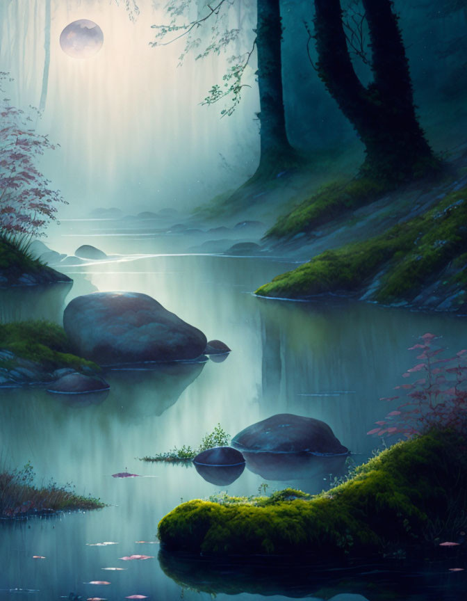 Mystical forest with stream, sunlight glow, and lush green foliage