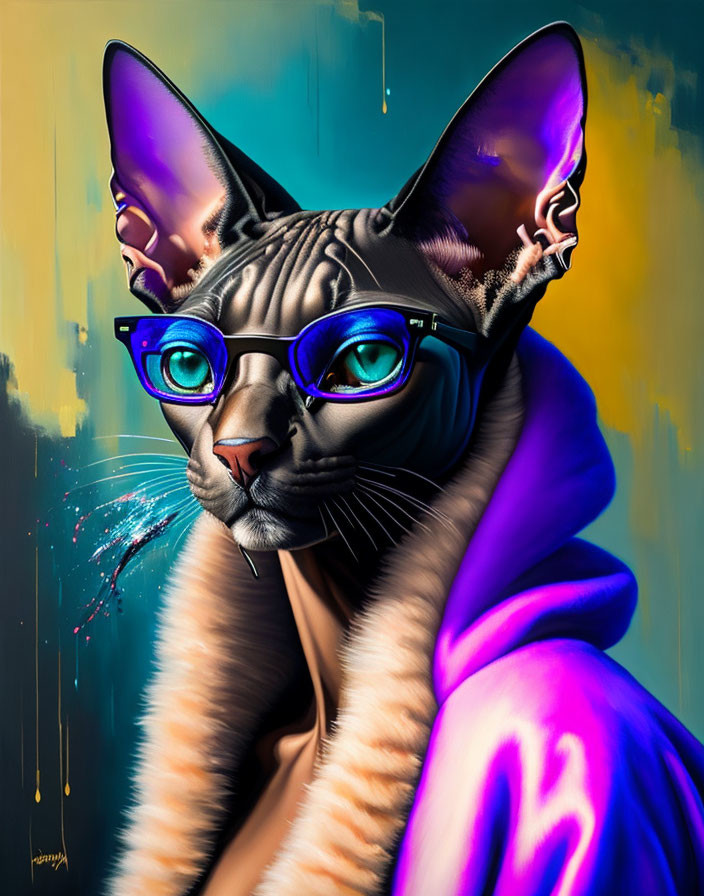 Colorful Portrait of Humanoid Sphynx Cat in Hoodie and Glasses