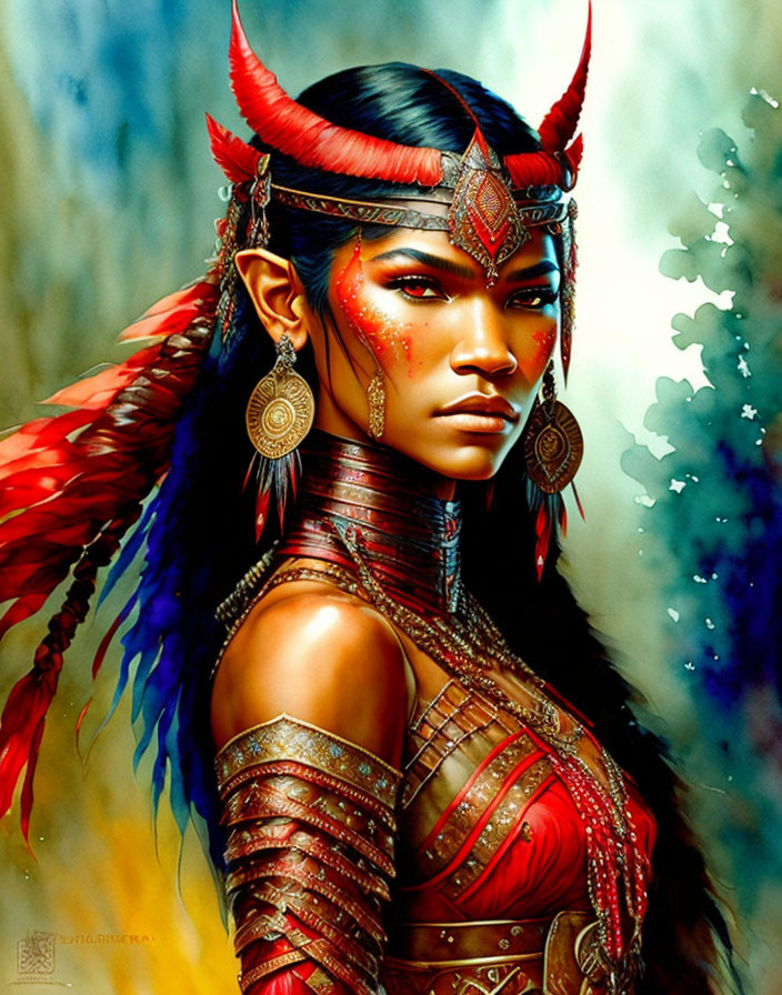 Fantasy warrior woman with red horns, face markings, and feathered headgear