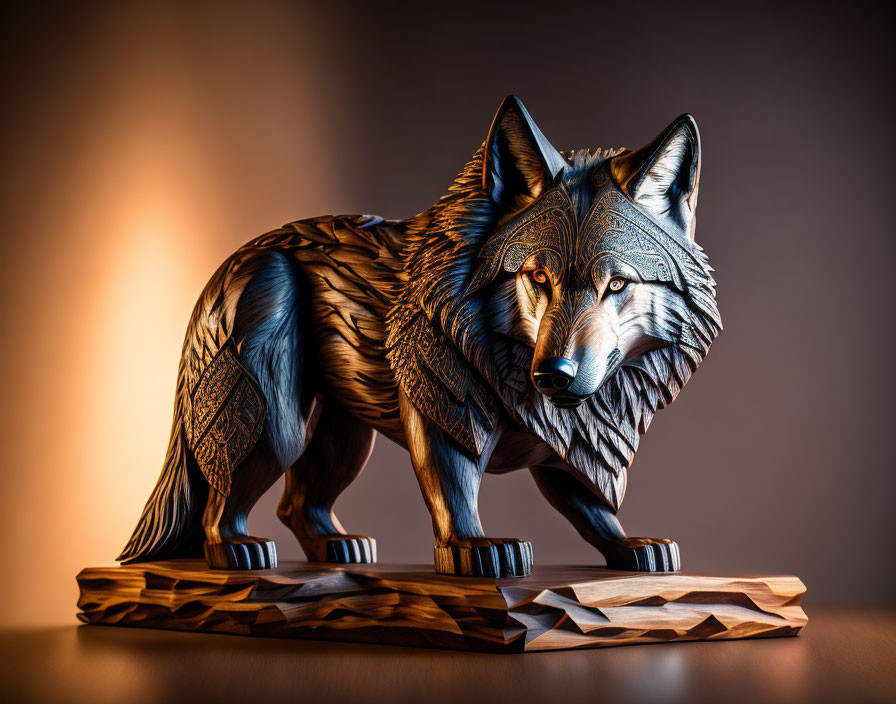 Intricately carved wooden wolf sculpture on matching base