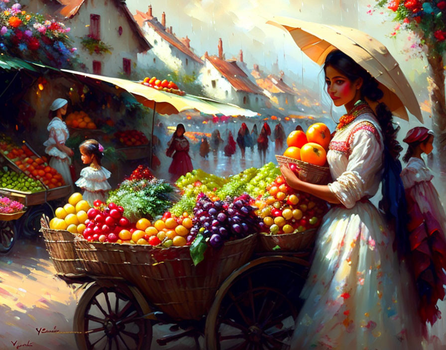 Vintage-dressed woman with fruit cart in bustling village market