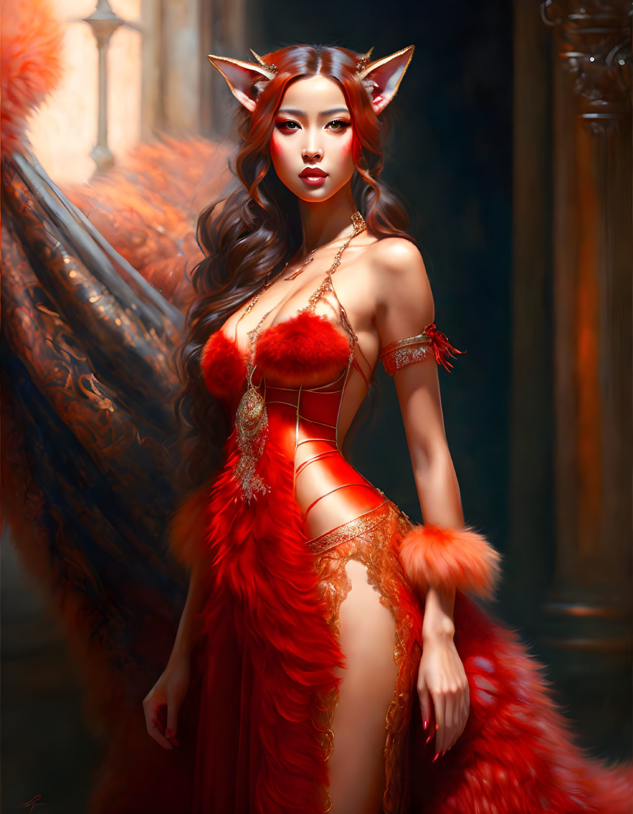 Digital artwork of woman with fox ears in red ornate dress