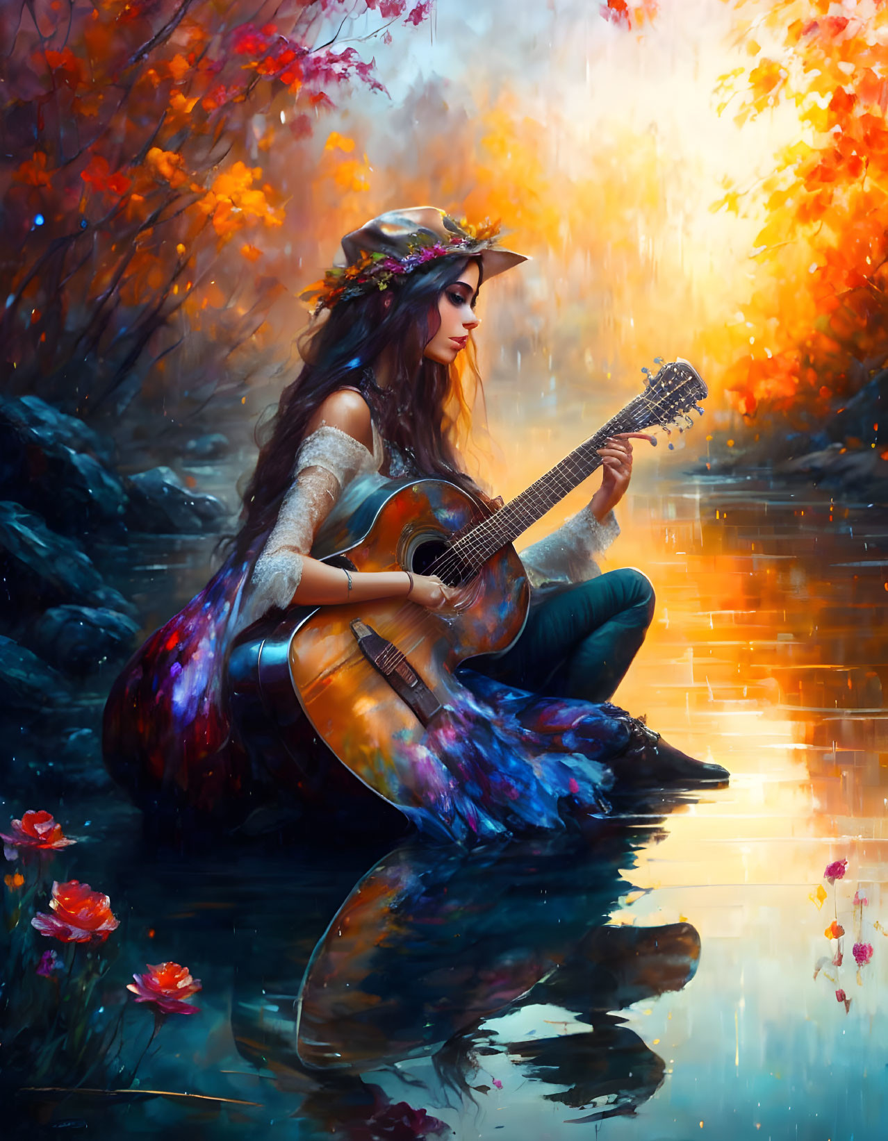 Woman with long hair playing guitar by reflective river in vibrant autumn setting