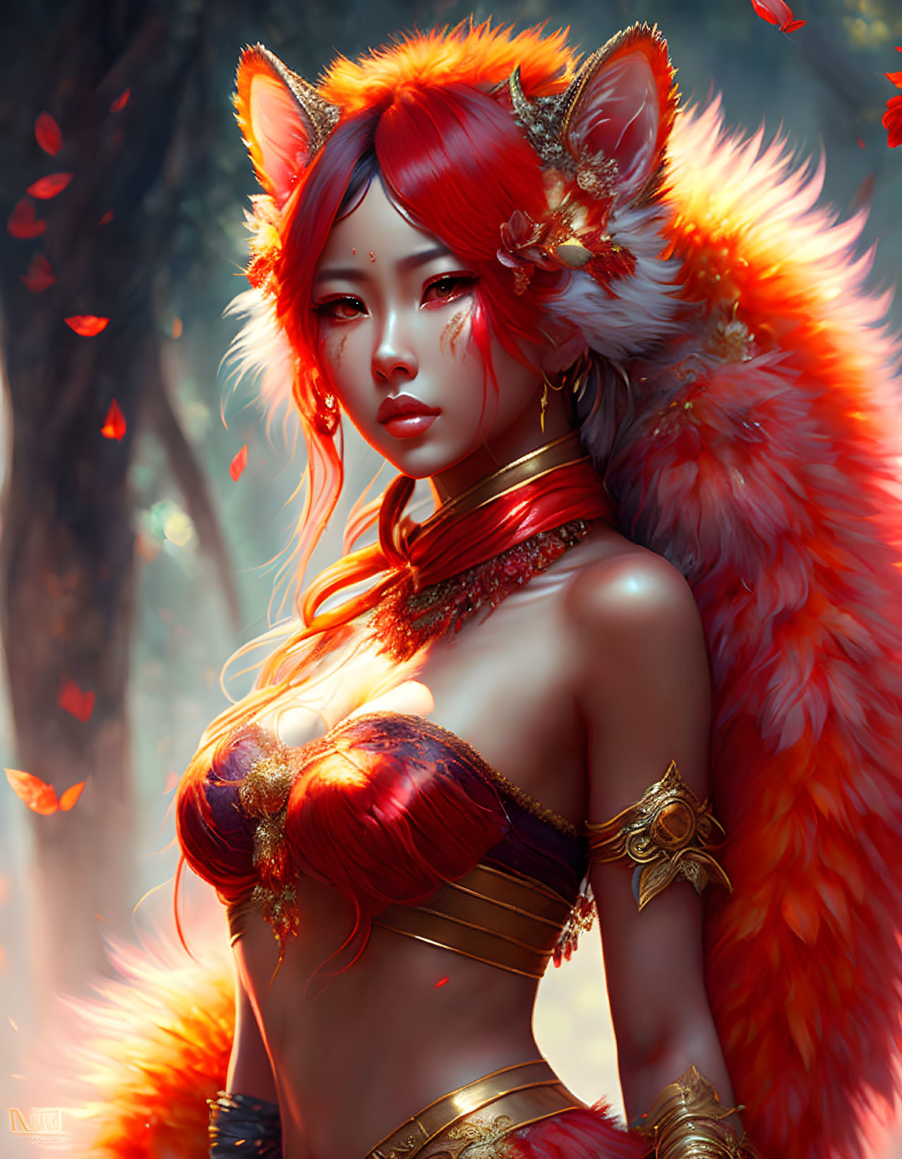 Digital artwork: Female with fox features, red hair, pointed ears, bushy tail, gold jewelry