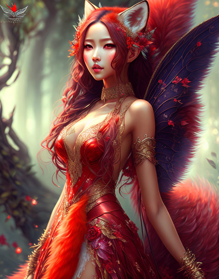 Illustration of Woman with Fox Features in Mystical Forest