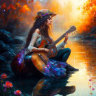 Woman with long hair playing guitar by reflective river in vibrant autumn setting