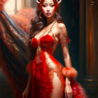 Digital artwork of woman with fox ears in red ornate dress