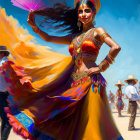 Colorful Indian dancer twirling at festival with blue sky