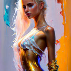 Futuristic woman with platinum blonde hair and cybernetic enhancements in gold and silver armor before neon