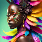 Colorful Woman with Striking Makeup and Feather Headdress on Green Background