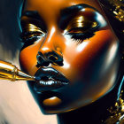 Stylized portrait of woman with glistening lips and pen, golden highlights, dark backdrop