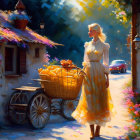 Woman in flowing dress with cart of oranges on sunny street